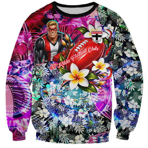 Personalized St Kilda Football Saints Sweatshirt Tropical Hibiscus Flowers - Pacific Fusion Style