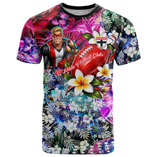 Personalized St Kilda Football Saints T Shirt Tropical Hibiscus Flowers - Pacific Fusion Style