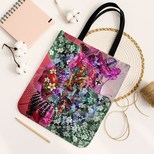 Personalized St Kilda Football Saints Tote Bag Tropical Hibiscus Flowers - Pacific Fusion Style