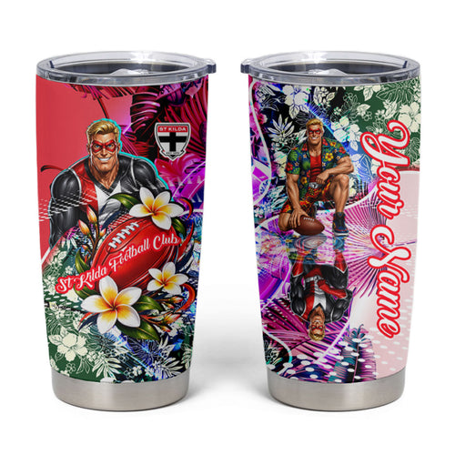 Personalized St Kilda Football Saints Tumbler Cup Tropical Hibiscus Flowers - Pacific Fusion Style