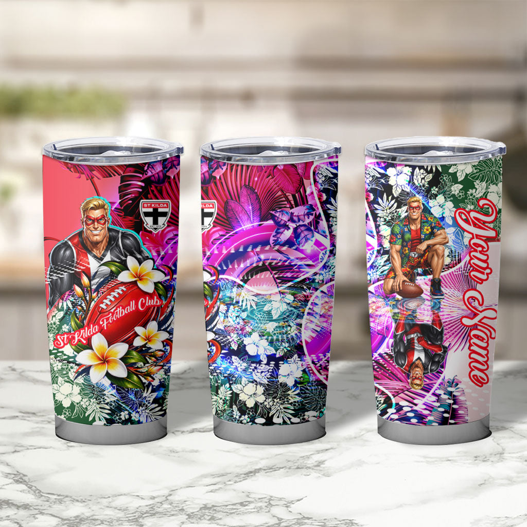 Personalized St Kilda Football Saints Tumbler Cup Tropical Hibiscus Flowers - Pacific Fusion Style