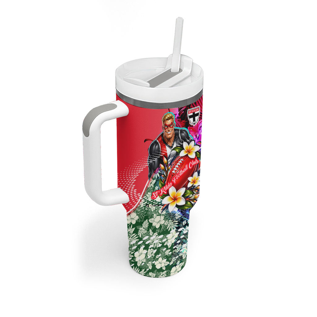 Personalized St Kilda Football Saints Tumbler With Handle Tropical Hibiscus Flowers - Pacific Fusion Style