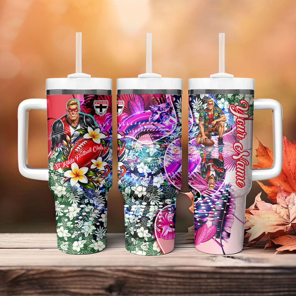 Personalized St Kilda Football Saints Tumbler With Handle Tropical Hibiscus Flowers - Pacific Fusion Style