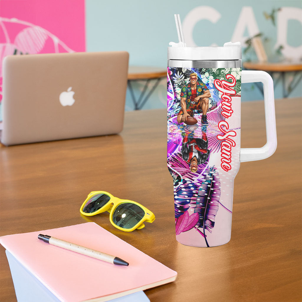 Personalized St Kilda Football Saints Tumbler With Handle Tropical Hibiscus Flowers - Pacific Fusion Style