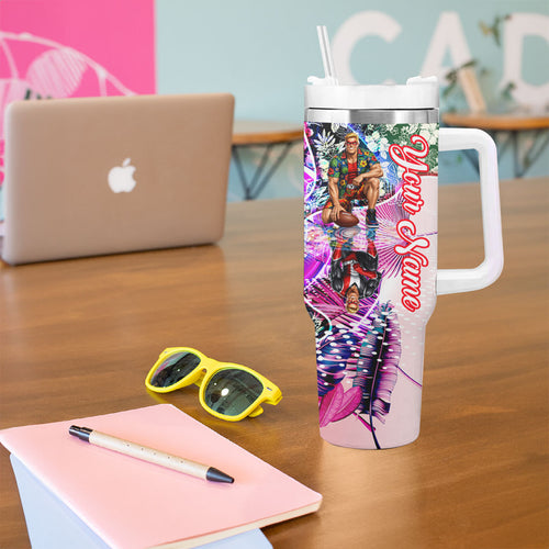 Personalized St Kilda Football Saints Tumbler With Handle Tropical Hibiscus Flowers - Pacific Fusion Style