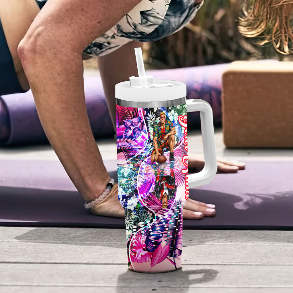 Personalized St Kilda Football Saints Tumbler With Handle Tropical Hibiscus Flowers - Pacific Fusion Style