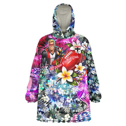 Personalized St Kilda Football Saints Wearable Blanket Hoodie Tropical Hibiscus Flowers - Pacific Fusion Style