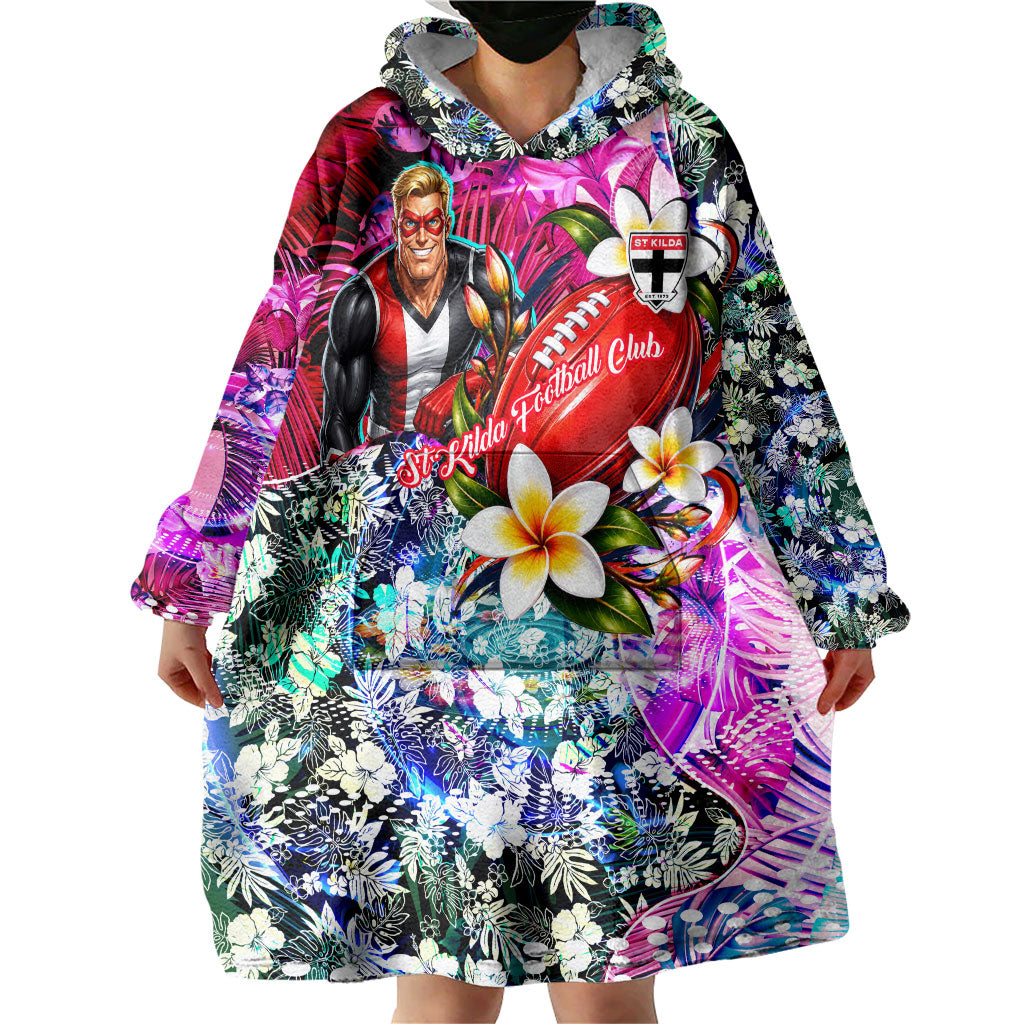 Personalized St Kilda Football Saints Wearable Blanket Hoodie Tropical Hibiscus Flowers - Pacific Fusion Style