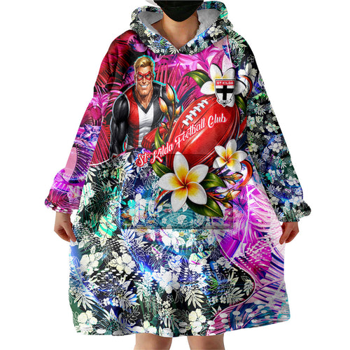 Personalized St Kilda Football Saints Wearable Blanket Hoodie Tropical Hibiscus Flowers - Pacific Fusion Style