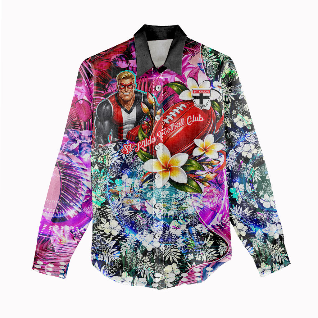 Personalized St Kilda Football Saints Women Casual Shirt Tropical Hibiscus Flowers - Pacific Fusion Style