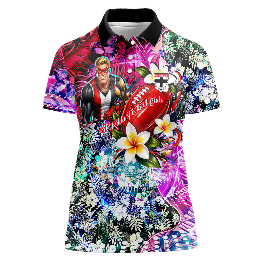 Personalized St Kilda Football Saints Women Polo Shirt Tropical Hibiscus Flowers - Pacific Fusion Style