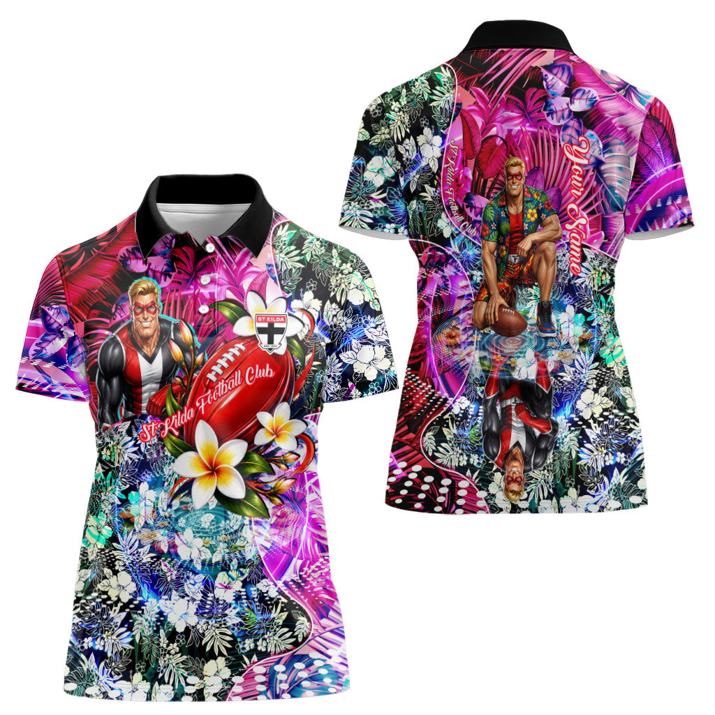 Personalized St Kilda Football Saints Women Polo Shirt Tropical Hibiscus Flowers - Pacific Fusion Style