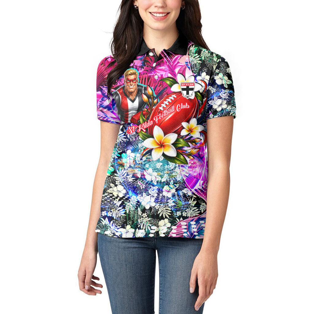 Personalized St Kilda Football Saints Women Polo Shirt Tropical Hibiscus Flowers - Pacific Fusion Style