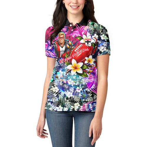 Personalized St Kilda Football Saints Women Polo Shirt Tropical Hibiscus Flowers - Pacific Fusion Style
