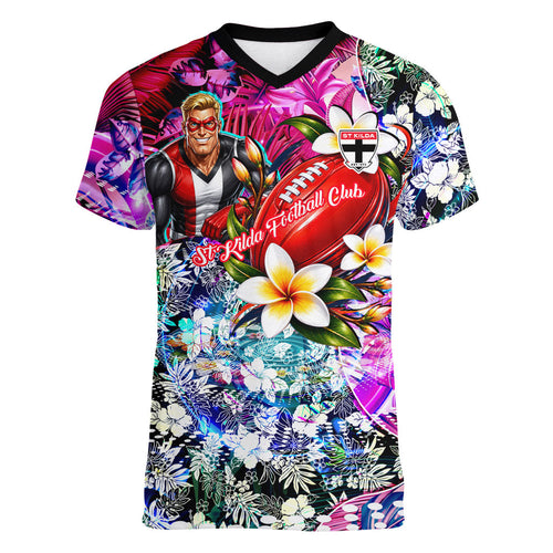 Personalized St Kilda Football Saints Women V-Neck T-Shirt Tropical Hibiscus Flowers - Pacific Fusion Style