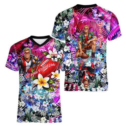 Personalized St Kilda Football Saints Women V-Neck T-Shirt Tropical Hibiscus Flowers - Pacific Fusion Style