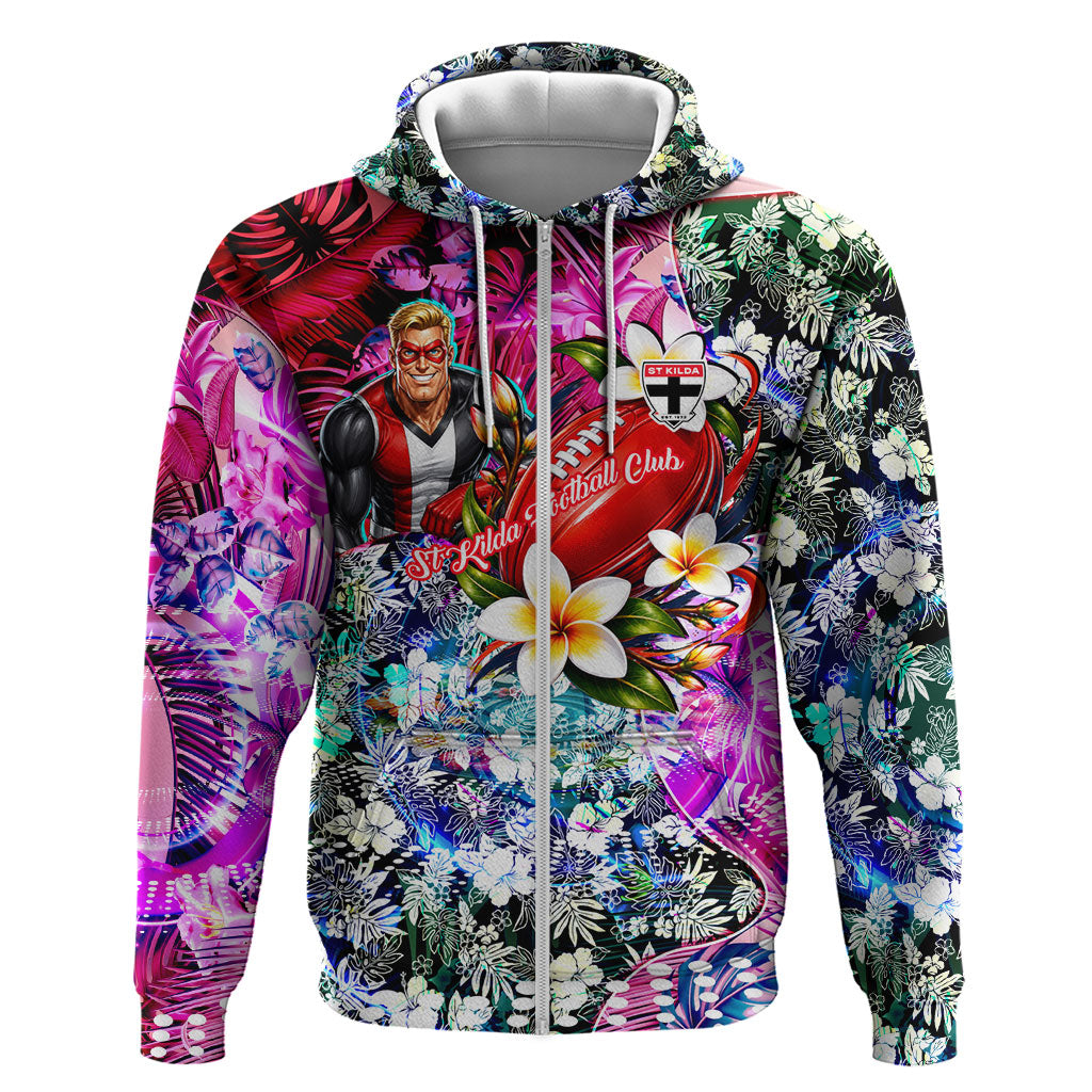 Personalized St Kilda Football Saints Zip Hoodie Tropical Hibiscus Flowers - Pacific Fusion Style
