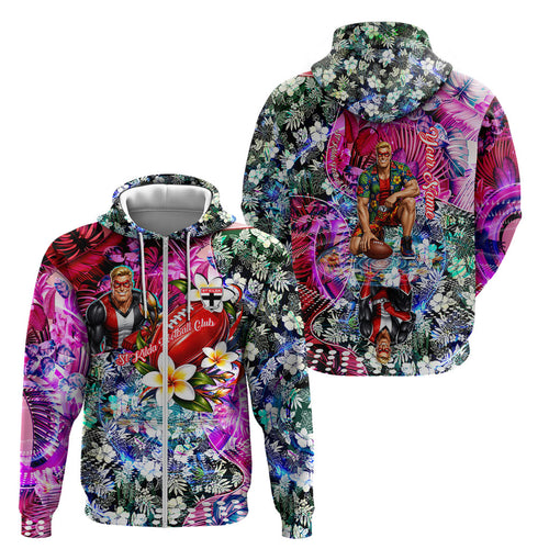 Personalized St Kilda Football Saints Zip Hoodie Tropical Hibiscus Flowers - Pacific Fusion Style