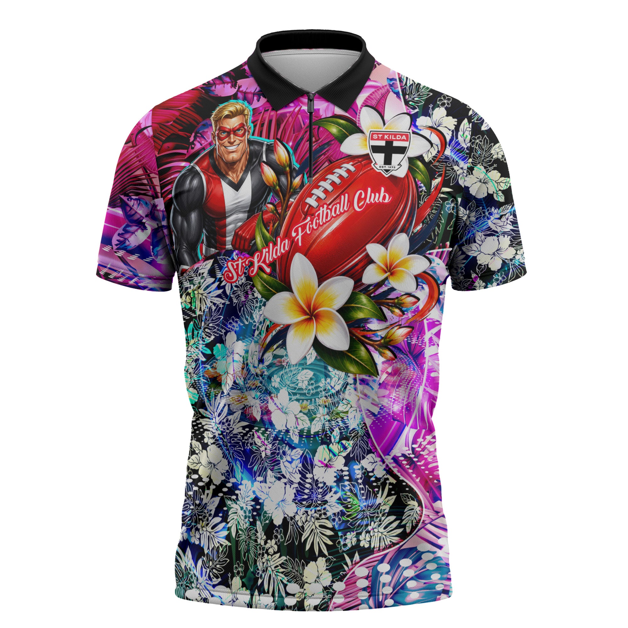 Personalized St Kilda Football Saints Zipper Polo Shirt Tropical Hibiscus Flowers - Pacific Fusion Style