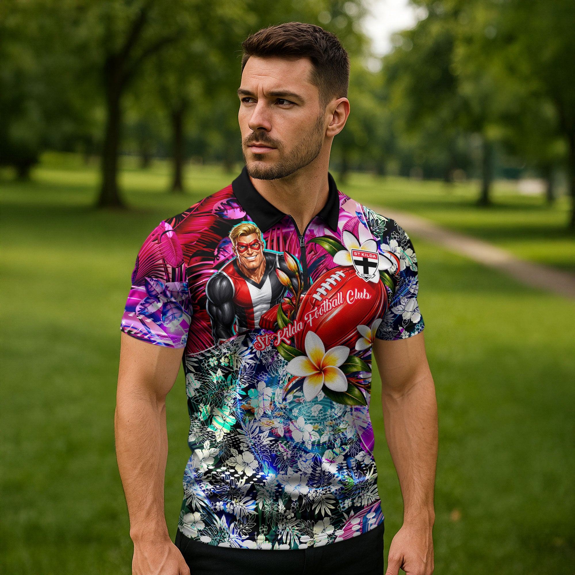 Personalized St Kilda Football Saints Zipper Polo Shirt Tropical Hibiscus Flowers - Pacific Fusion Style