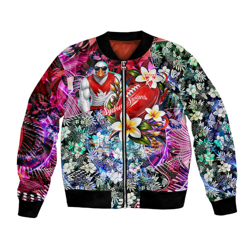 Personalized Sydney Swans Football Bomber Jacket Tropical Hibiscus Flowers - Pacific Fusion Style