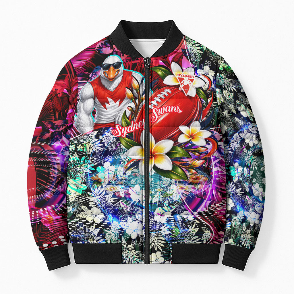 Personalized Sydney Swans Football Bomber Puffer Jacket Tropical Hibiscus Flowers - Pacific Fusion Style