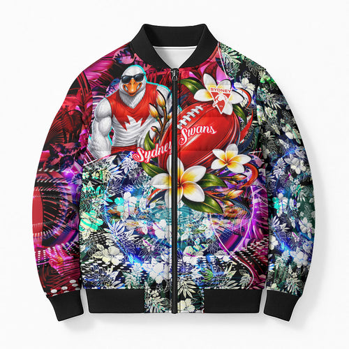 Personalized Sydney Swans Football Bomber Puffer Jacket Tropical Hibiscus Flowers - Pacific Fusion Style