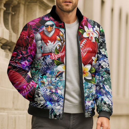 Personalized Sydney Swans Football Bomber Puffer Jacket Tropical Hibiscus Flowers - Pacific Fusion Style