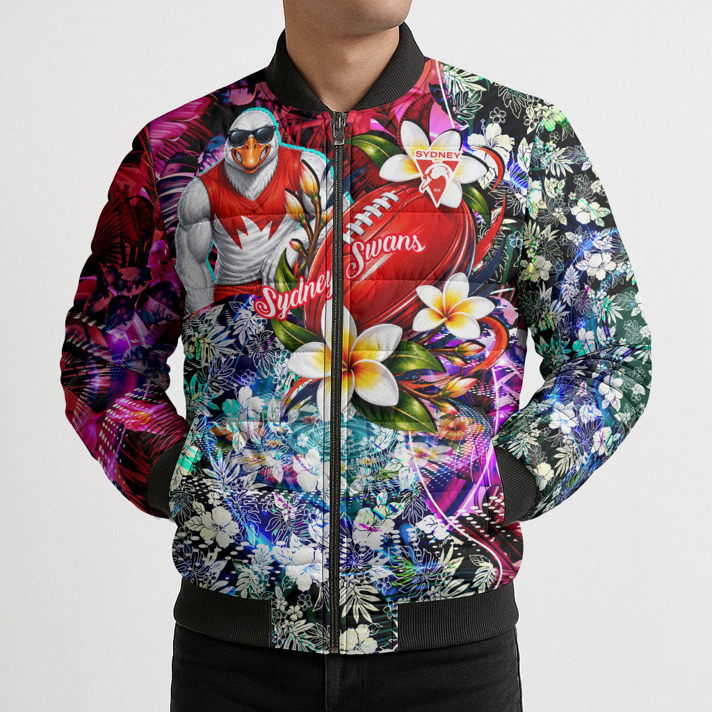 Personalized Sydney Swans Football Bomber Puffer Jacket Tropical Hibiscus Flowers - Pacific Fusion Style