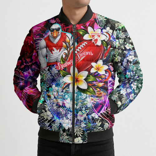 Personalized Sydney Swans Football Bomber Puffer Jacket Tropical Hibiscus Flowers - Pacific Fusion Style