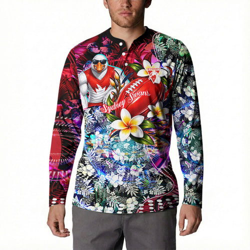 Personalized Sydney Swans Football Button Sweatshirt Tropical Hibiscus Flowers - Pacific Fusion Style
