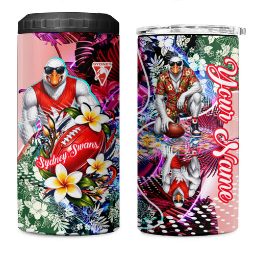 Personalized Sydney Swans Football 4 in 1 Can Cooler Tumbler Tropical Hibiscus Flowers - Pacific Fusion Style
