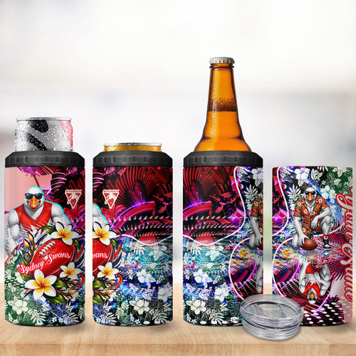 Personalized Sydney Swans Football 4 in 1 Can Cooler Tumbler Tropical Hibiscus Flowers - Pacific Fusion Style