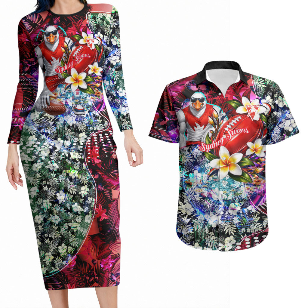 Personalized Sydney Swans Football Couples Matching Long Sleeve Bodycon Dress and Hawaiian Shirt Tropical Hibiscus Flowers - Pacific Fusion Style