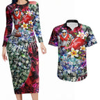 Personalized Sydney Swans Football Couples Matching Long Sleeve Bodycon Dress and Hawaiian Shirt Tropical Hibiscus Flowers - Pacific Fusion Style