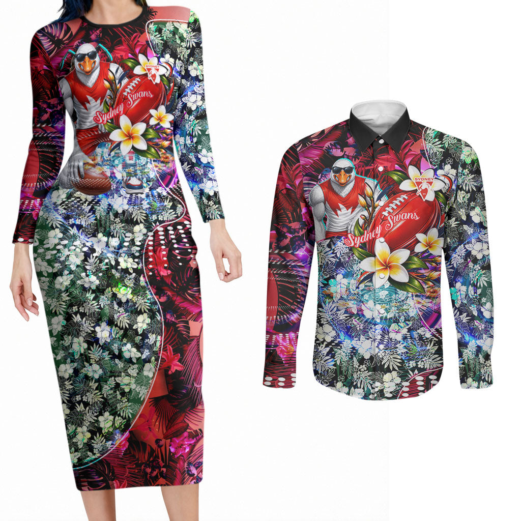 Personalized Sydney Swans Football Couples Matching Long Sleeve Bodycon Dress and Long Sleeve Button Shirt Tropical Hibiscus Flowers - Pacific Fusion Style