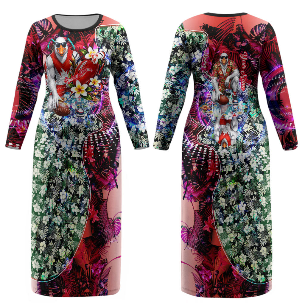 Personalized Sydney Swans Football Couples Matching Long Sleeve Bodycon Dress and Long Sleeve Button Shirt Tropical Hibiscus Flowers - Pacific Fusion Style