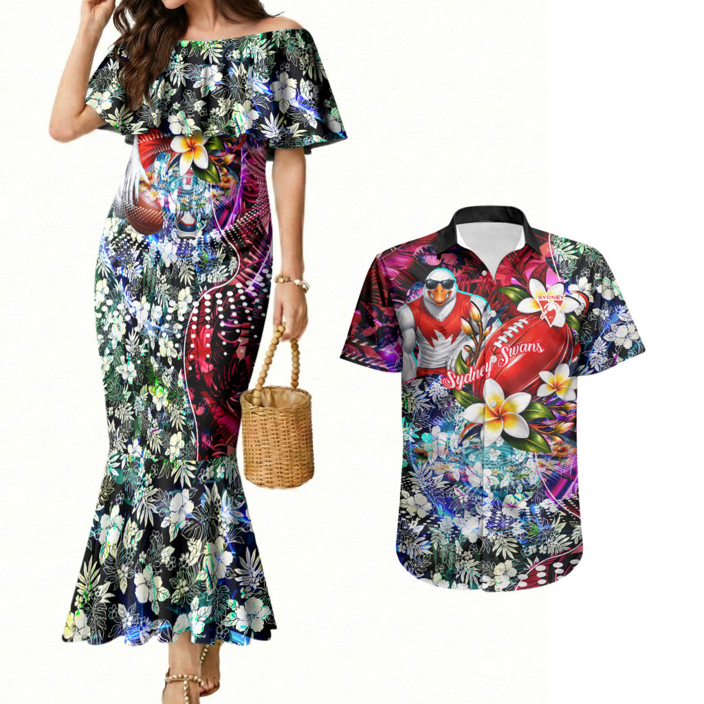 Personalized Sydney Swans Football Couples Matching Mermaid Dress and Hawaiian Shirt Tropical Hibiscus Flowers - Pacific Fusion Style