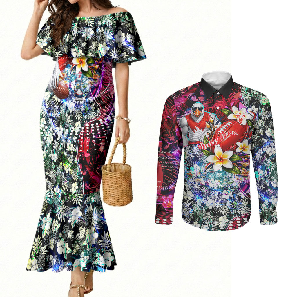 Personalized Sydney Swans Football Couples Matching Mermaid Dress and Long Sleeve Button Shirt Tropical Hibiscus Flowers - Pacific Fusion Style