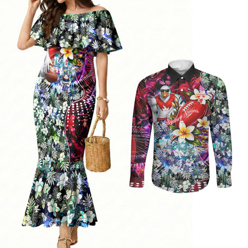 Personalized Sydney Swans Football Couples Matching Mermaid Dress and Long Sleeve Button Shirt Tropical Hibiscus Flowers - Pacific Fusion Style