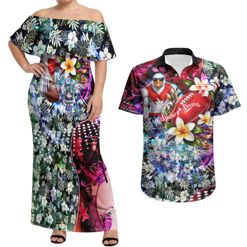 Personalized Sydney Swans Football Couples Matching Off Shoulder Maxi Dress and Hawaiian Shirt Tropical Hibiscus Flowers - Pacific Fusion Style