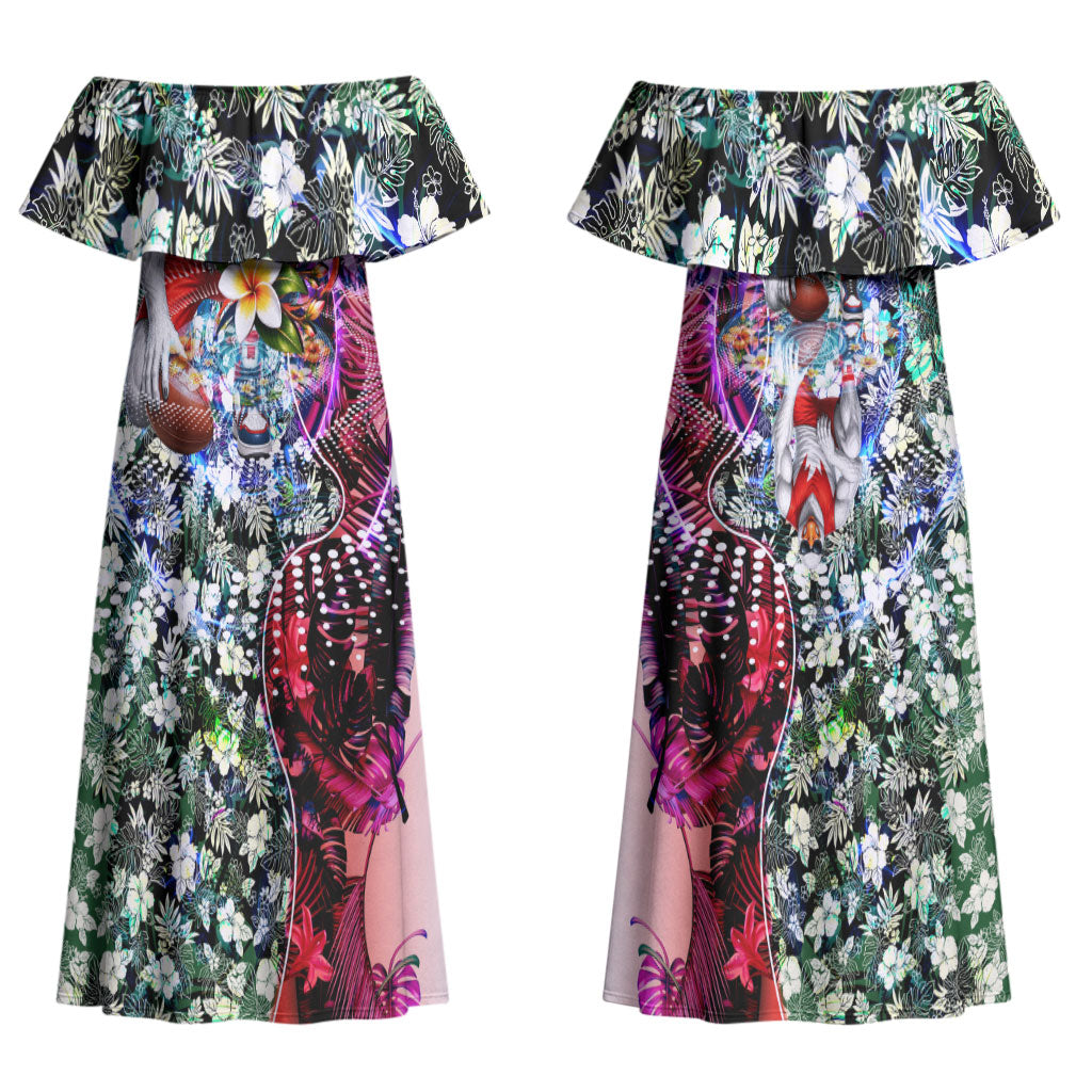 Personalized Sydney Swans Football Couples Matching Off Shoulder Maxi Dress and Hawaiian Shirt Tropical Hibiscus Flowers - Pacific Fusion Style