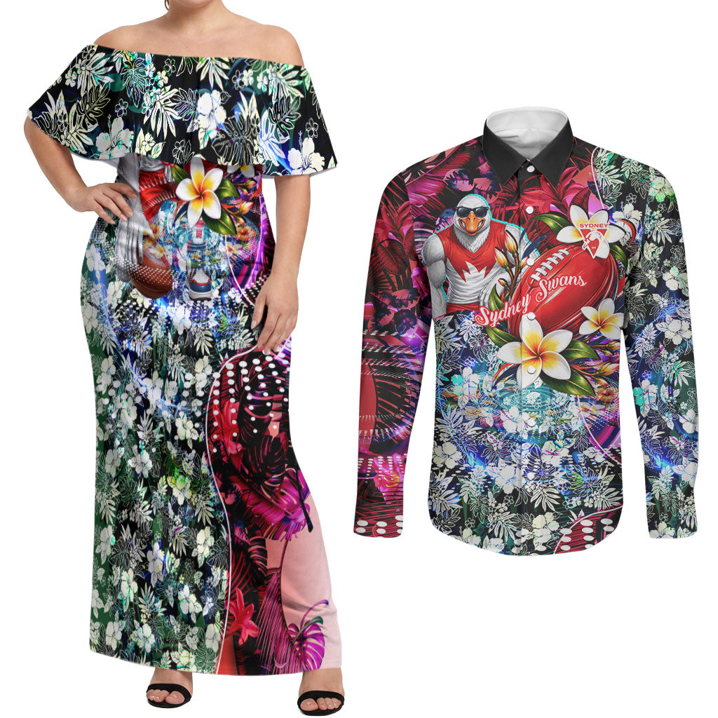 Personalized Sydney Swans Football Couples Matching Off Shoulder Maxi Dress and Long Sleeve Button Shirt Tropical Hibiscus Flowers - Pacific Fusion Style