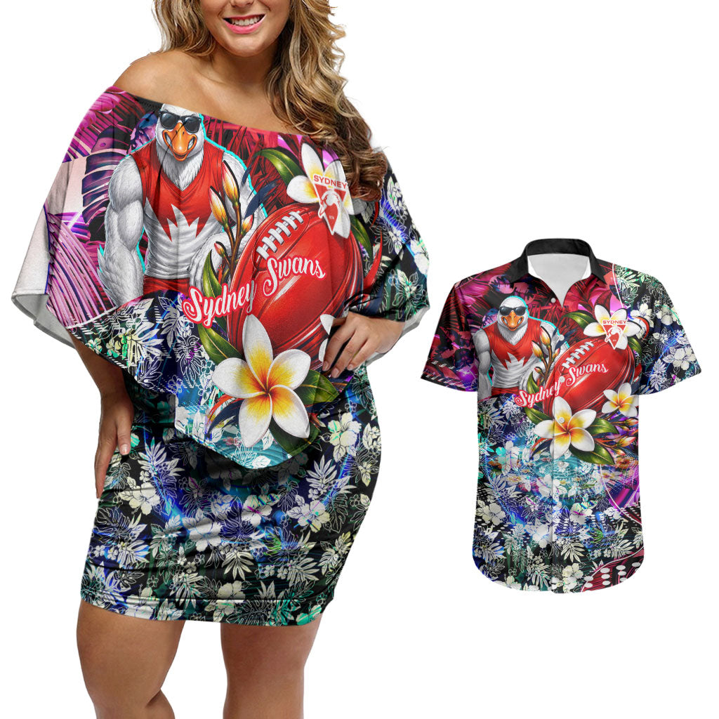 Personalized Sydney Swans Football Couples Matching Off Shoulder Short Dress and Hawaiian Shirt Tropical Hibiscus Flowers - Pacific Fusion Style
