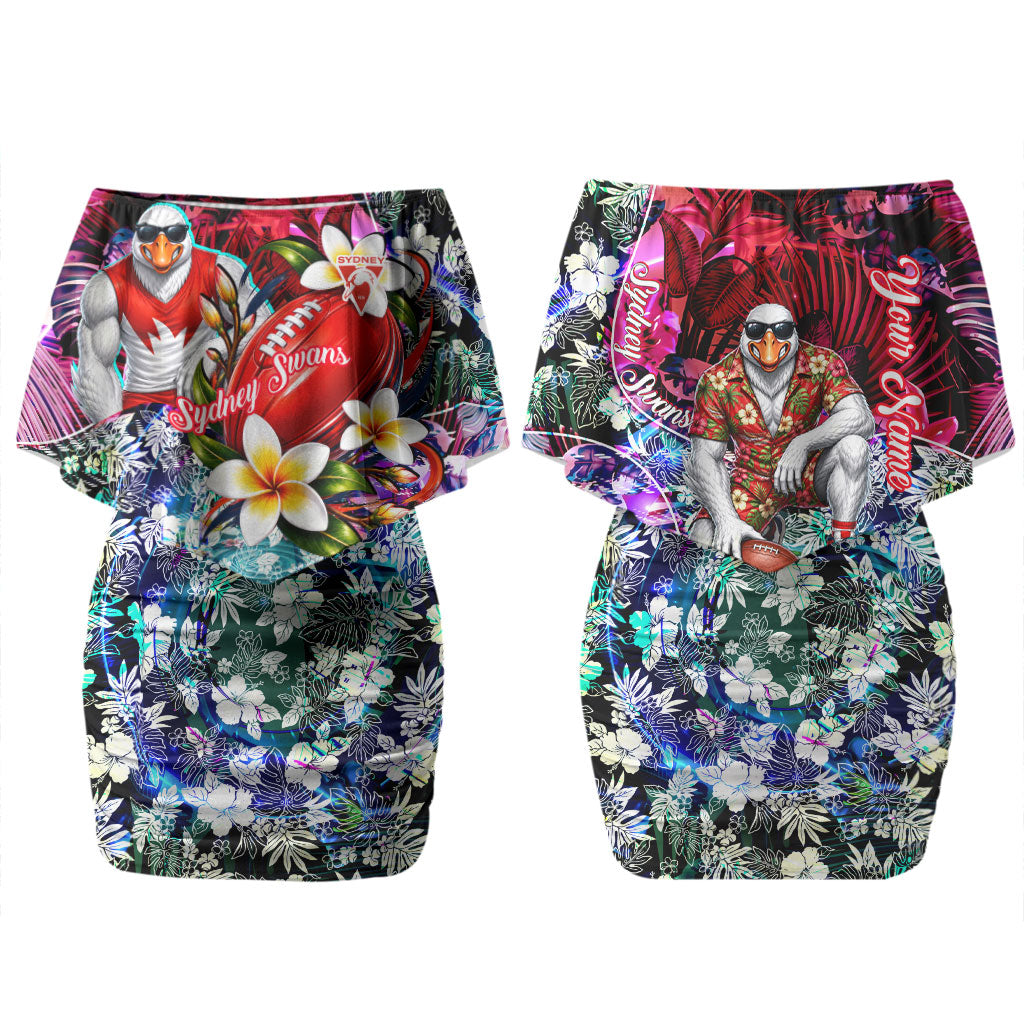 Personalized Sydney Swans Football Couples Matching Off Shoulder Short Dress and Hawaiian Shirt Tropical Hibiscus Flowers - Pacific Fusion Style