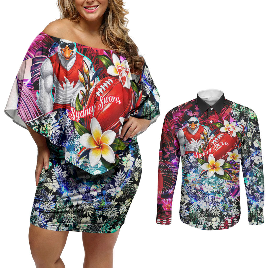 Personalized Sydney Swans Football Couples Matching Off Shoulder Short Dress and Long Sleeve Button Shirt Tropical Hibiscus Flowers - Pacific Fusion Style