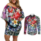 Personalized Sydney Swans Football Couples Matching Off Shoulder Short Dress and Long Sleeve Button Shirt Tropical Hibiscus Flowers - Pacific Fusion Style