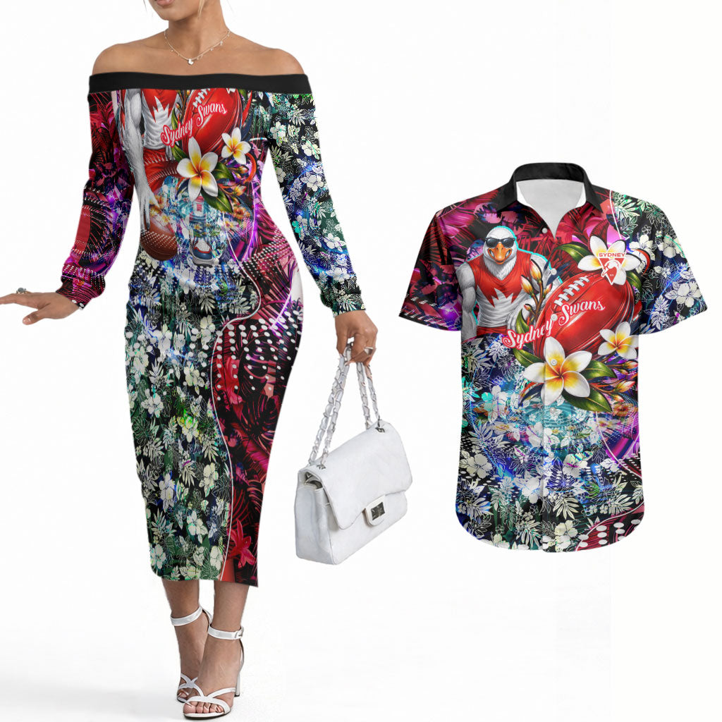 Personalized Sydney Swans Football Couples Matching Off The Shoulder Long Sleeve Dress and Hawaiian Shirt Tropical Hibiscus Flowers - Pacific Fusion Style