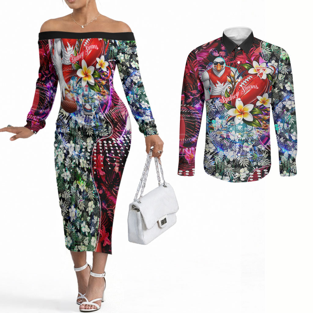 Personalized Sydney Swans Football Couples Matching Off The Shoulder Long Sleeve Dress and Long Sleeve Button Shirt Tropical Hibiscus Flowers - Pacific Fusion Style