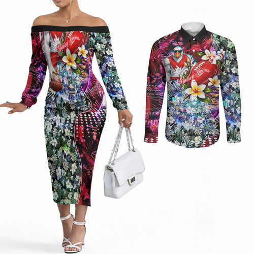 Personalized Sydney Swans Football Couples Matching Off The Shoulder Long Sleeve Dress and Long Sleeve Button Shirt Tropical Hibiscus Flowers - Pacific Fusion Style